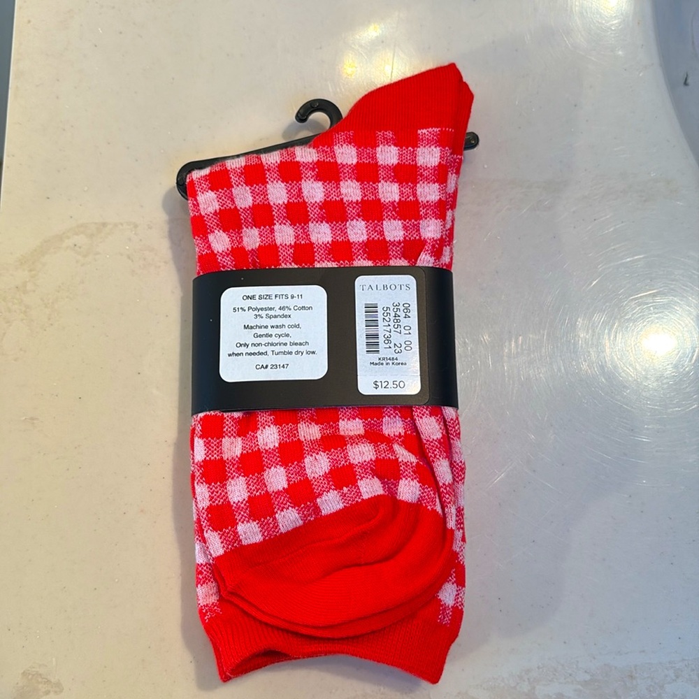 NWT. Talbots Red and White Checkered Socks. One Sz.